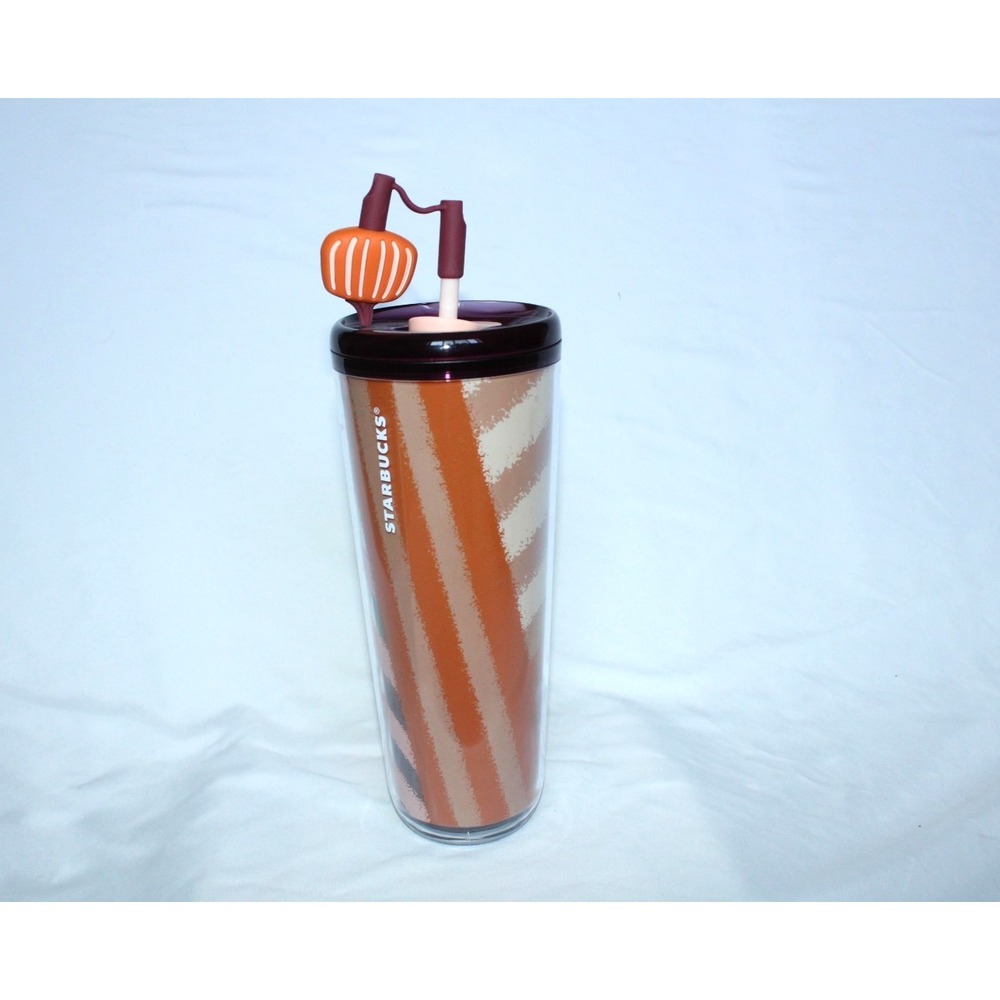 Starbucks 24oz Tumbler Cup Pumpkin Straw Topper Fall Stripes Cold Hot Lid Travel